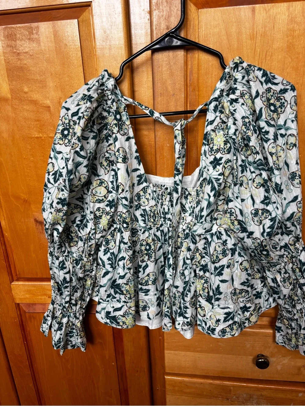 Anthropologie Teal and Cream Floral Peplum Square-Neck Blouse